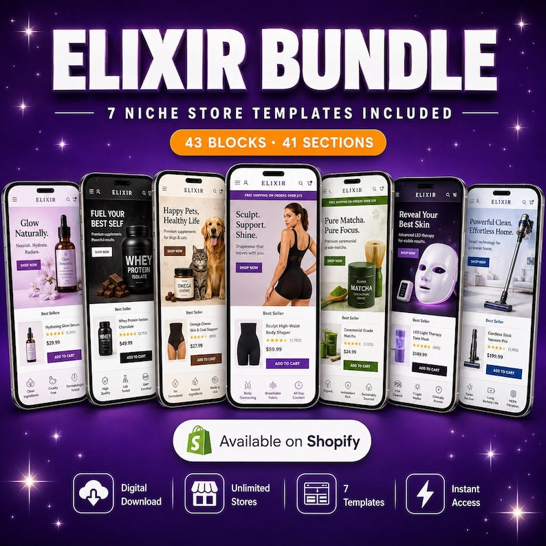 Elixir Theme v1.6.2 — 43 blocos, 41 secoes, Shopify 2.0 nativo
